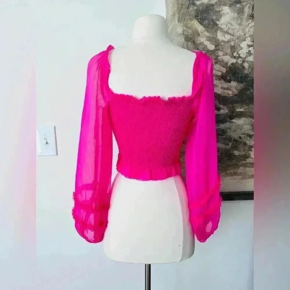Anthropologie KEEPSAKE Moonlight Puff-Sleeve Top Pop Pink Size Small NWOT $145